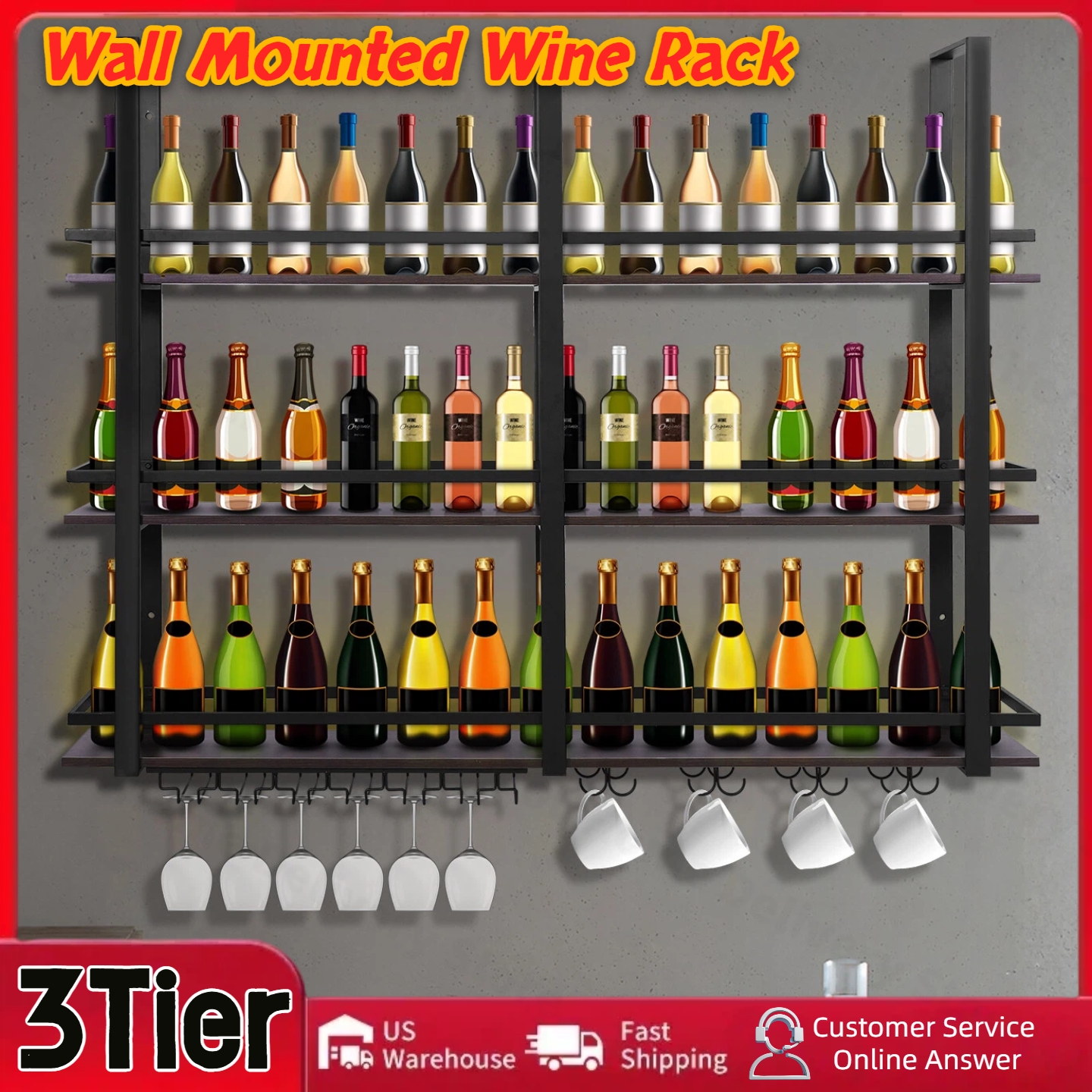 Home Bar Shelf - 3Tier Wall Mounted Wine Rack Bottles