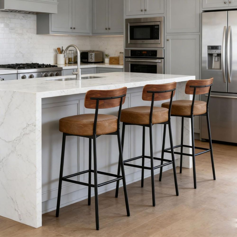 Brown Bar Stools Set o 3, Leat - Home Bar And Counter incelemesi ve fiyatı