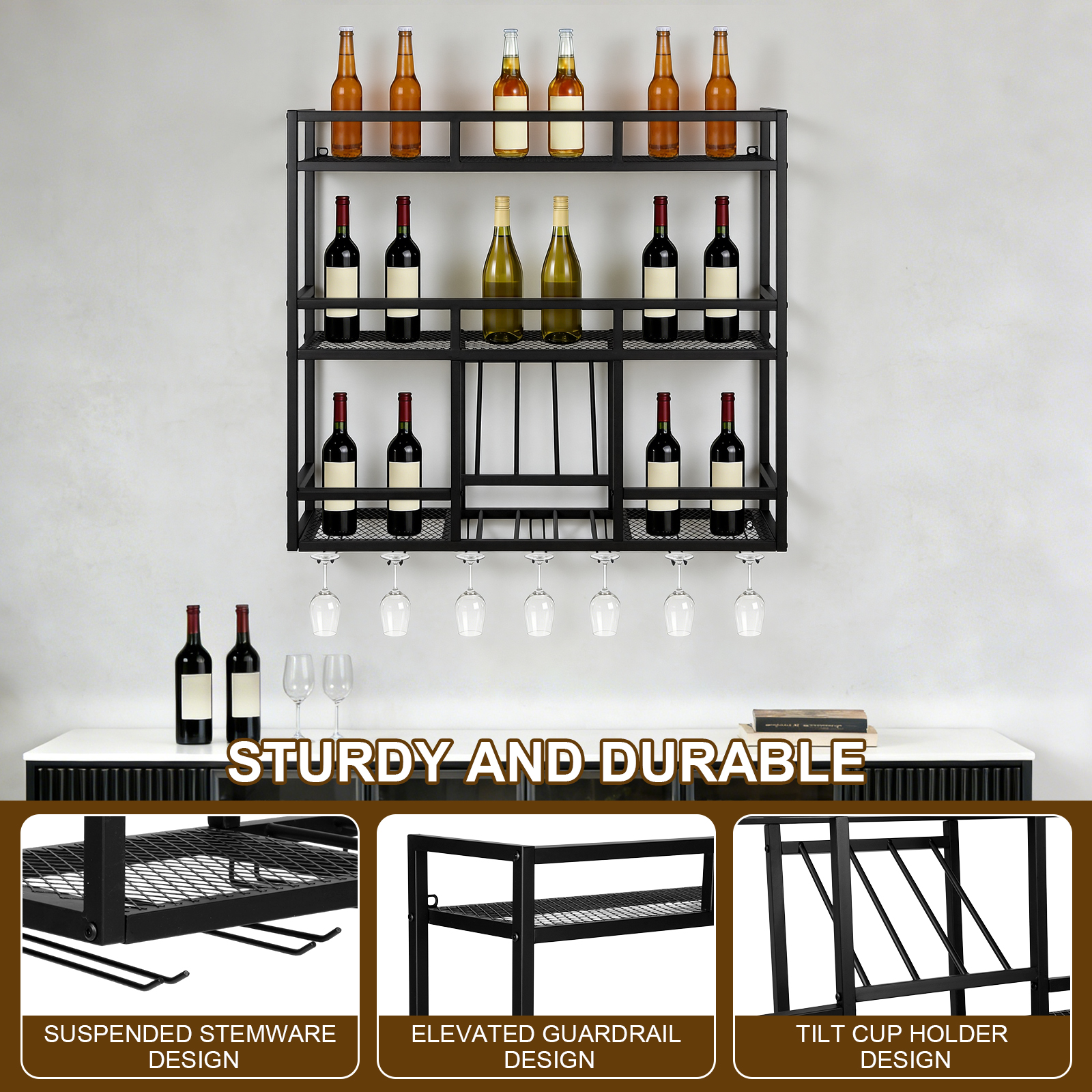 3 Tiers Wall Mounted Wine Rack - Home Bar Shelf incelemesi ve fiyatı